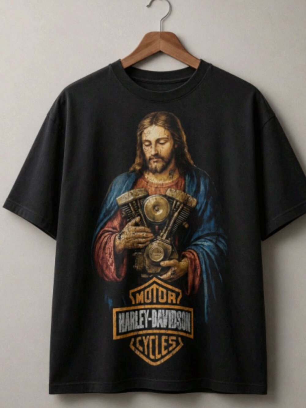 Vintage Jesus Holding Motorcycle Engine Graphic Black T-Shirt